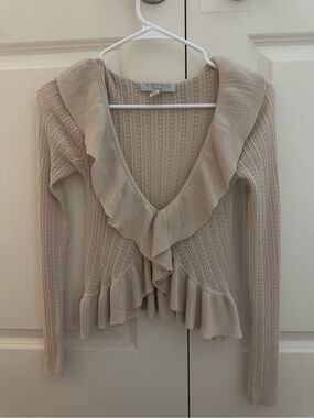 Amisu Cream Ruffle-Front Knit Cardigan